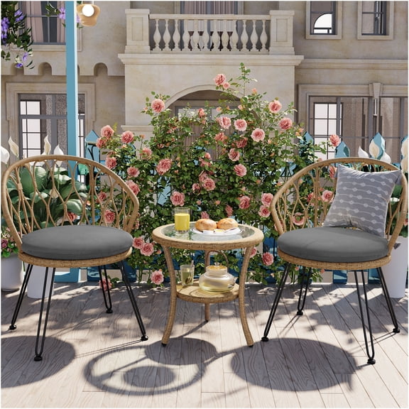 JERFIT 3-Piece Patio Set with 2 PE Rattan Chairs & Glass Top Table, Grey Outdoor Bistro Set for Balcony, Garden, Porch or Courtyard, All-Weather Furniture