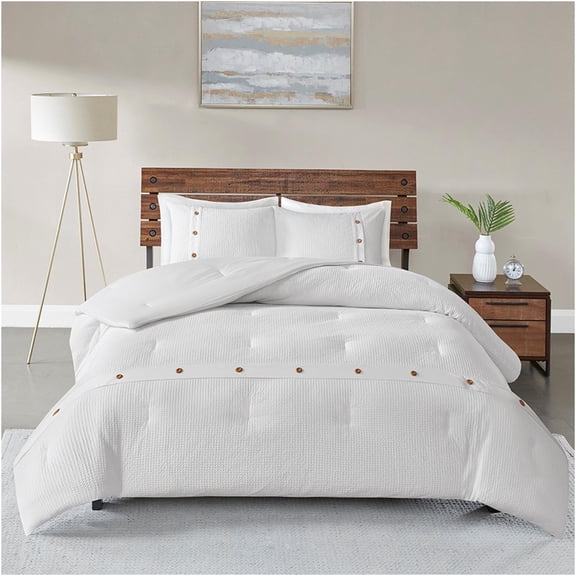 JERFIT 3-Piece Queen Comforter Set - 100% Cotton Waffle Weave Bedding with Shams, Breathable & Textured, OEKO-TEX Certified, White