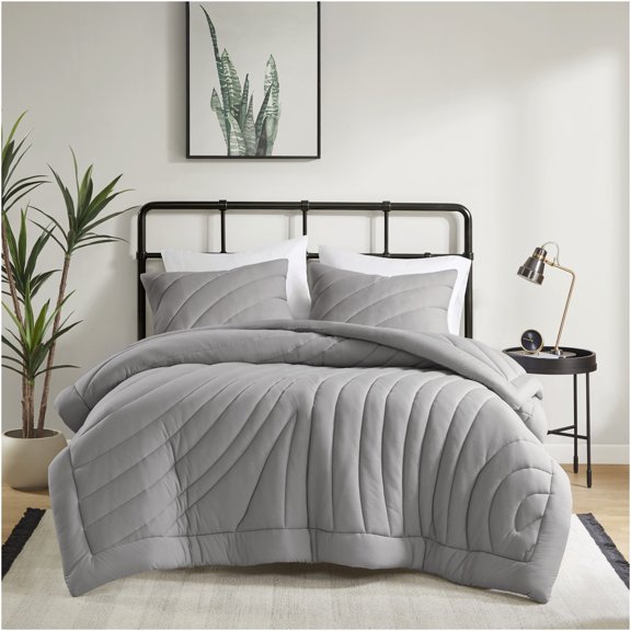 JERFIT 3-Piece Queen/Full Comforter Set, Quilted Puffy Bedding with Antimicrobial Protection, Hypoallergenic & Machine Washable, Soft Gray Polyester Jersey