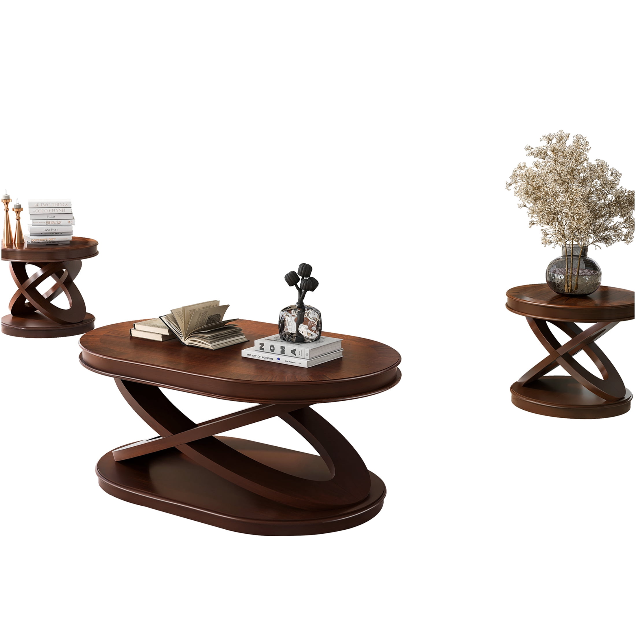 JERFIT 3-Piece Retro Coffee Table Set with Oval Center Table and 2 ...