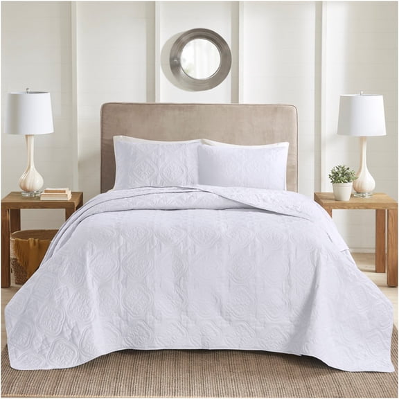 JERFIT 3-Piece Reversible King Size Bedspread Set - Oversized Quilted Bed Cover with Shams, Hypoallergenic & Wrinkle Resistant, White