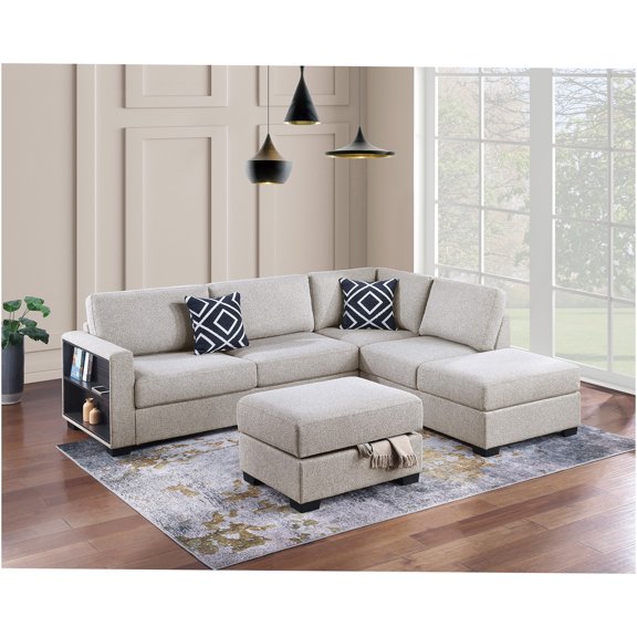 JERFIT 3-Piece Reversible L-Shaped Sectional Sofa Set with Storage Ottoman, Boucle Upholstery, Built-In Shelves and Accent Pillows, Beige Modern Living Room Furniture