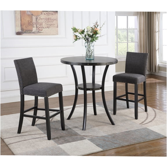 JERFIT 3-Piece Round Bistro Table Set with 2 Nail Head Accent Bar Stools, Brown and Gray Pub Height Dining Set for Kitchen, Breakfast Nook