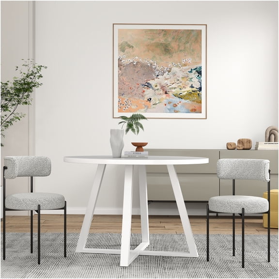 JERFIT 3-Piece Round Dining Set with Trestle Table and 2 Boucle Upholstered Chairs, White and Multi-Color Modern Kitchen Table Setting for Small Spaces
