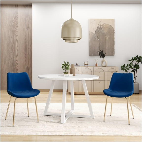 JERFIT 3-Piece Round Dining Set with Trestle Table & Velvet Chairs, White & Blue Wood Metal Kitchen Breakfast Nook