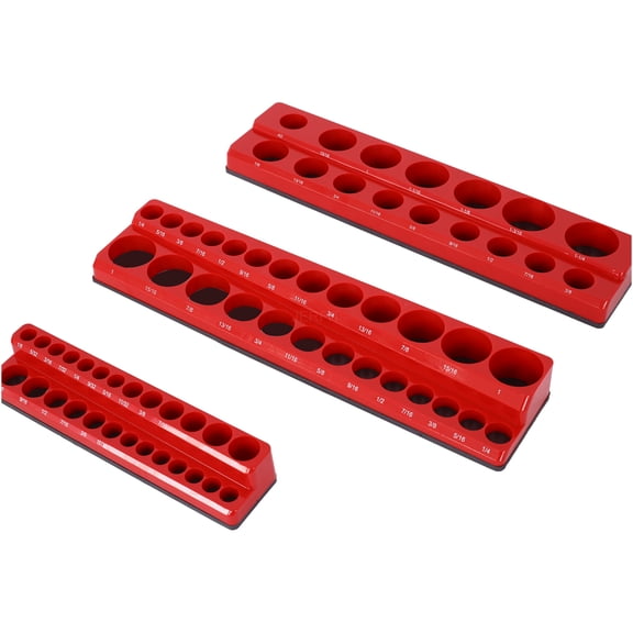 JERFIT 3-Piece SAE Magnetic Socket Organizer Set with 68 Slots, Red Plastic Tray for Toolbox & Garage, Numbered Holder for Deep & Shallow Sockets