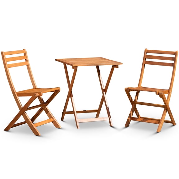 JERFIT 3-Piece Square Eucalyptus Patio Bistro Set with 2 Folding Chairs, Natural Oil Finish for Balcony Garden