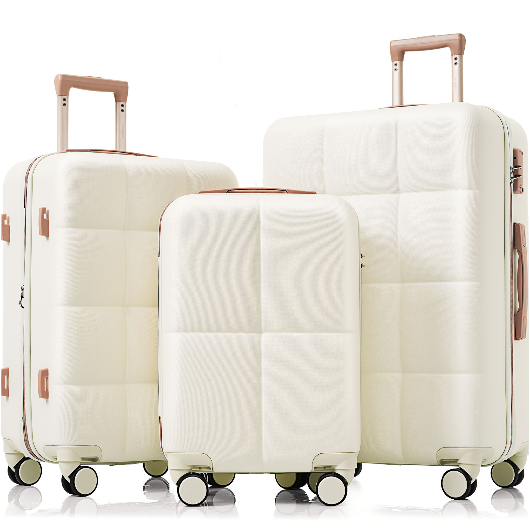 JERFIT 3-Piece White & Gold ABS Hard Shell Luggage Set with Cup Holder, 360° Spinner Wheels, Airline Approved Carry-On Suitcase