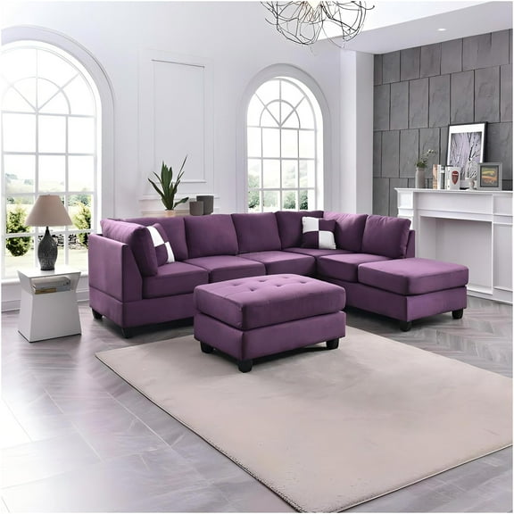 JERFIT 3-Seat Purple Microfiber Sectional Sofa, Removable Backs, Reversible Chaise, No Ottoman