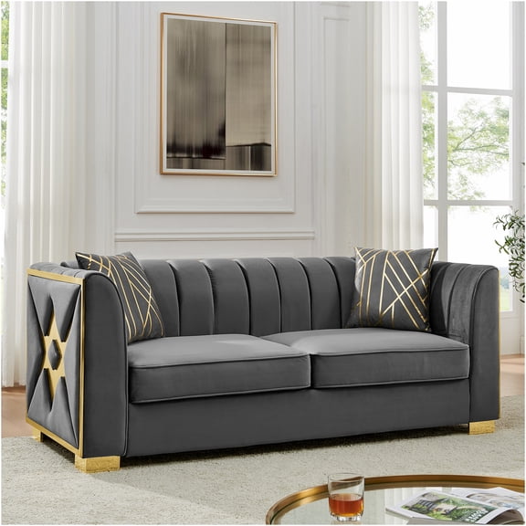JERFIT 3-Seater Chesterfield Sofa with Gold Legs, Gray Velvet Tufted Couch for Living Room, Modern Luxury Fabric Sofa with Accent Pillows