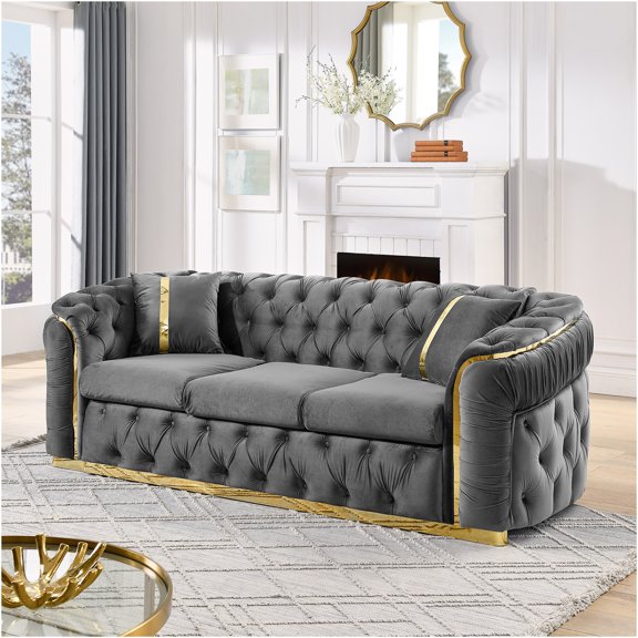 JERFIT 3-Seater Chesterfield Sofa with Gold Metal Legs, Upholstered in Italian Velvet for Living Room, Modern Tufted Couch with Pillows