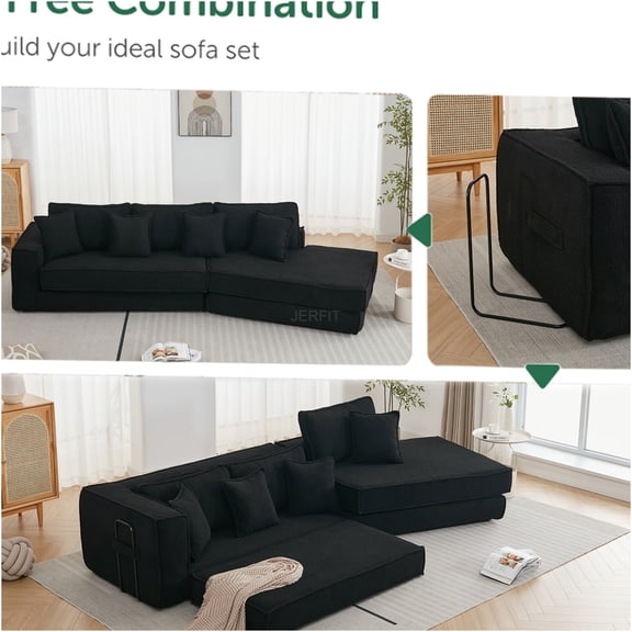 JERFIT 3-Seater Convertible Sofa Bed, Foldable Floor Sleeper with Lamb Velvet Upholstery for Living Room, Apartment, Dorm - Black