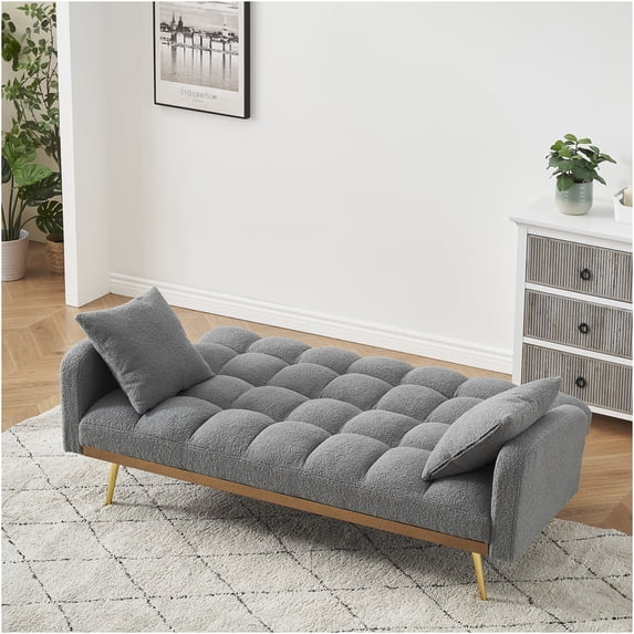JERFIT 3-Seater Convertible Sofa Bed for Small Spaces, Adjustable Backrest, Plush Teddy Fabric, Gray Contemporary Futon
