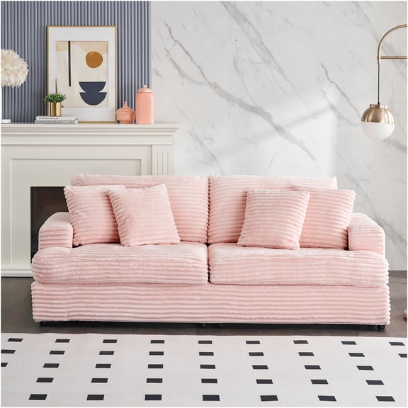 JERFIT 3-Seater Corduroy Sofa with 4 Pillows, Modern Plush Velvet Textured Fabric Couch for Living Room, Comfortable Pink Sectional