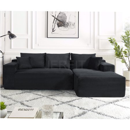 JERFIT 3-Seater Modular Corduroy Sectional Sofa Couch with Chaise and Pillows, Convertible L-Shaped Sofa in a Box for Living Room, Black