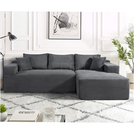JERFIT 3-Seater Modular Corduroy Sectional Sofa with Pillows, Convertible L-Shaped Couch for Living Room, Dark Grey