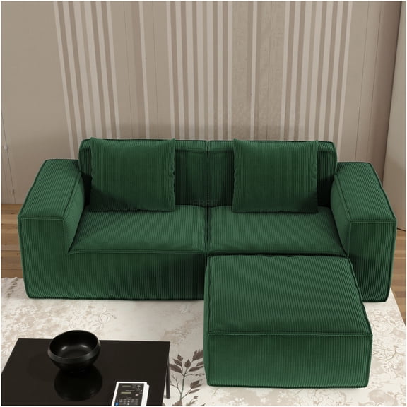 JERFIT 3-Seater Modular Sofa Bed with Ottoman, Convertible Sectional Couch, Plush Velvet Upholstery, No Assembly Required, Green