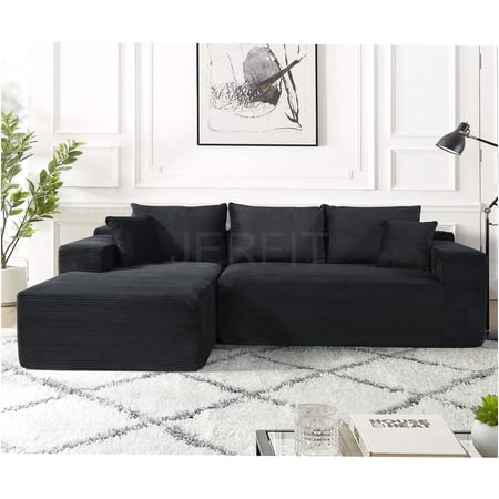 JERFIT 3-Seater Modular Sofa in a Box, Convertible Corduroy Sectional Couch with Pillows for Living Room, Black, Left Facing