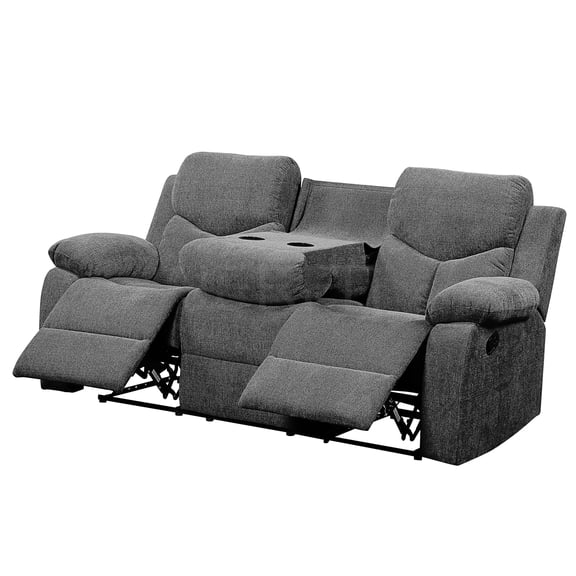 JERFIT 3-Seater Reclining Sofa with Pull-Down Table, Gray Chenille Fabric, Motion Recliner, Cup Holders, Pillow Top Arms