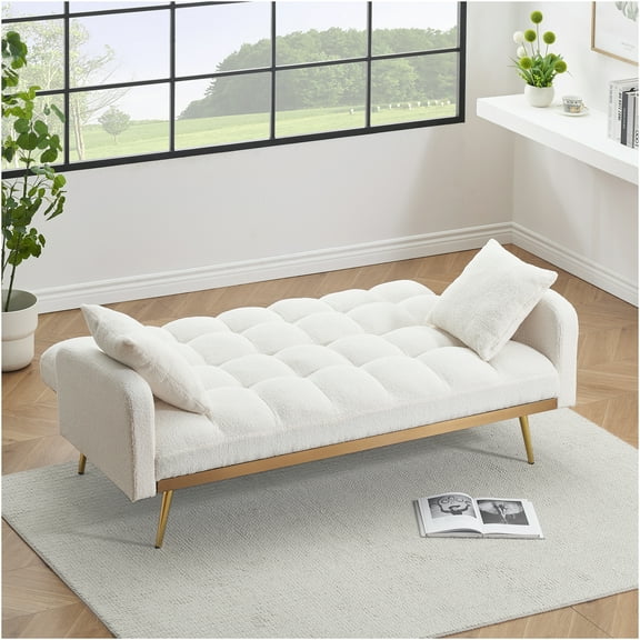 JERFIT 3-Seater Teddy Fabric Convertible Sofa Bed for Small Spaces, Adjustable Backrest, Beige