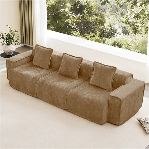 JERFIT 3-Seater Velvet Sofa, No Assembly Modular Sectional Couch with Pillows, Cloud-Like Deep Seat for Living Room, Brown