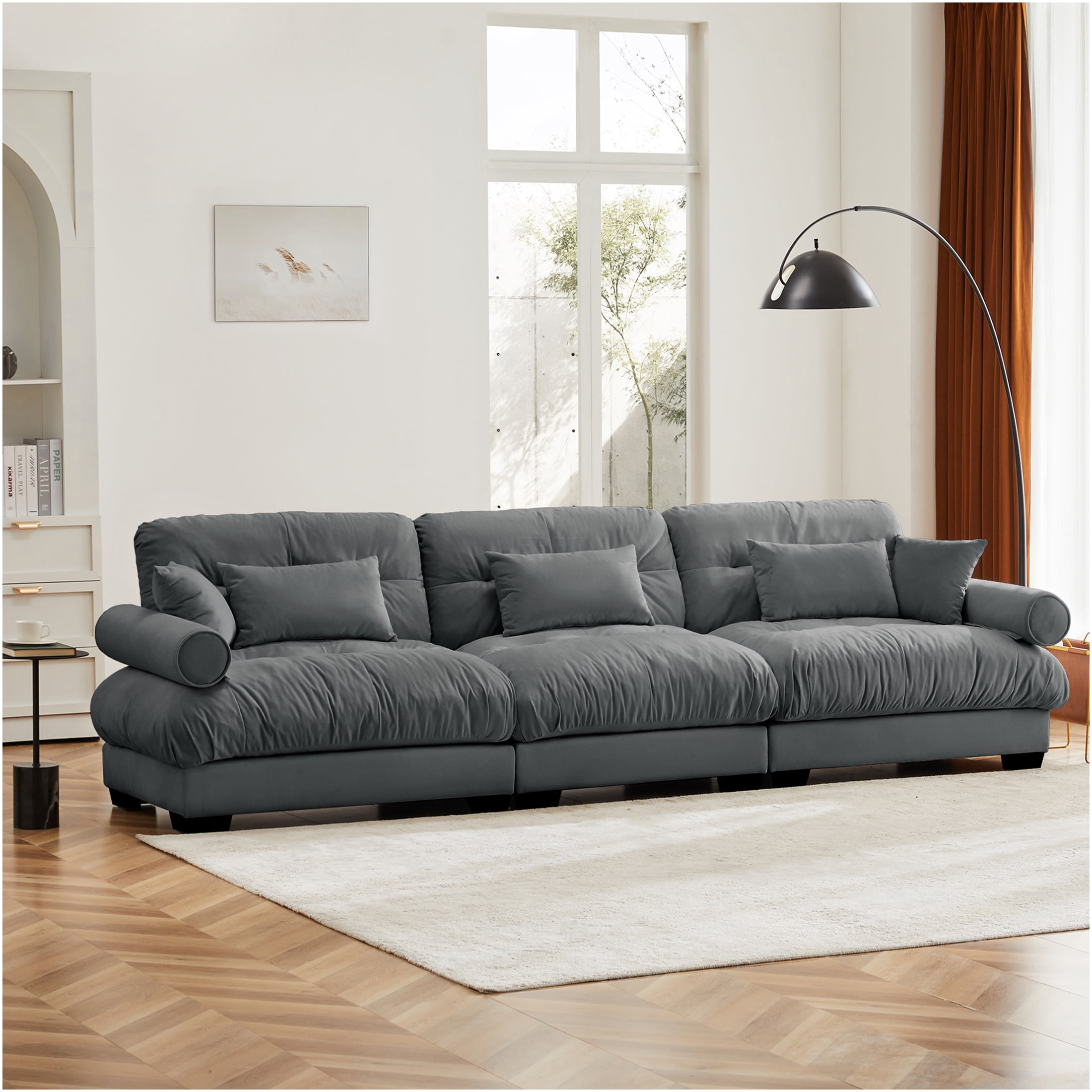 JERFIT 3-Seater Velvet Sofa with Pillows, Modern Oversized Cloud Couch ...