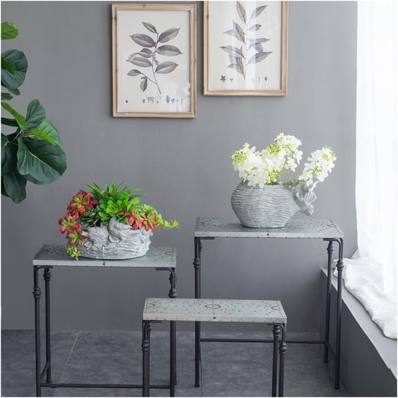 JERFIT 3-Tier Antique Gray Iron Nesting Tables, Set of 3 Metal Plant Stands with Galvanized Tops for Living Room, Entryway, Patio