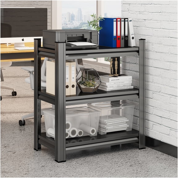 JERFIT 3-Tier Black Metal Shelving Unit, Heavy Duty Industrial Storage Rack for Kitchen, Bathroom, Office, Garage, 150 lbs Capacity per Shelf, Easy Assembly Freestanding Organizer