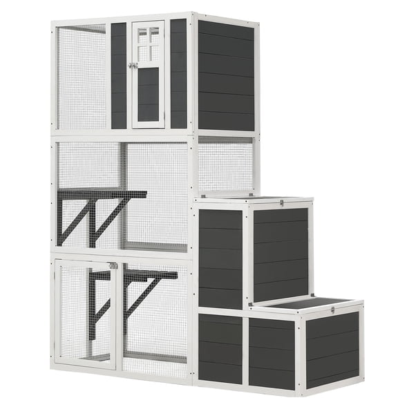 JERFIT 3-Tier Cat House with 4 Platforms & Jump Box, 71" Tall Indoor/Outdoor Wooden Kitty Condo Enclosure for Multiple Cats, Gray