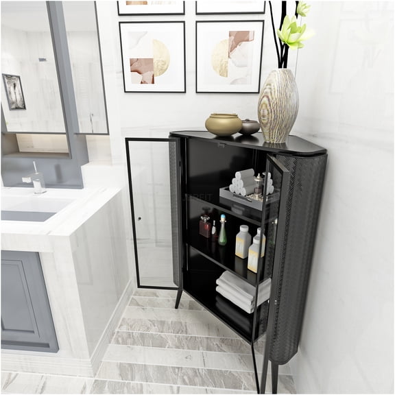 JERFIT 3 Tier Corner Cabinet with Glass Doors, Antique Black Freestanding Storage Organizer for Kitchen, Bathroom, Living Room