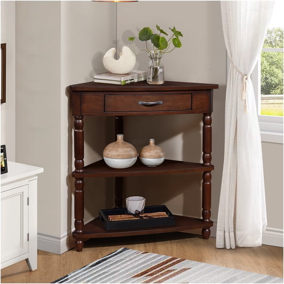 JERFIT 3-Tier Corner Table with Drawer, Light Espresso Small End Table for Living Room, Space-Saving Wood Corner Shelf with Solid Rubberwood Legs, Waterproof MDF Top for Bedroom, Bathroom, Balcony