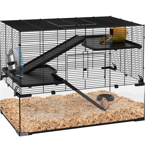 JERFIT 3-Tier Hamster Cage with Glass Base, Detachable Wheel, Water Bottle & Food Dish for Dwarf Hamsters, Gerbils, Mice - Black