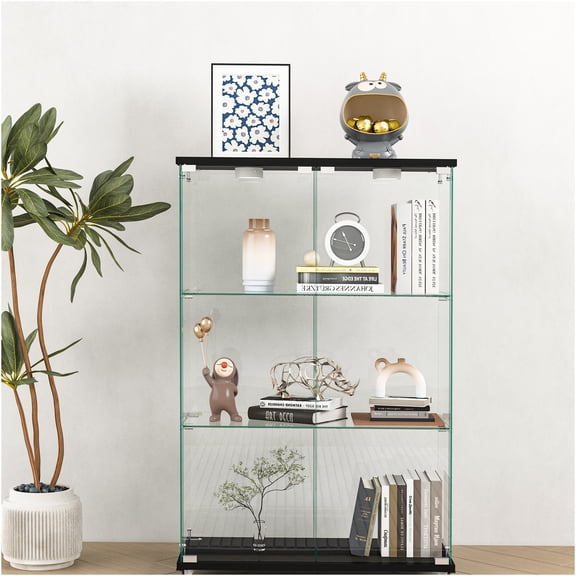 JERFIT 3-Tier LED Display Cabinet with Remote Control, Tempered Glass Bookcase with Wheels, Modern Curio Cabinet for Living Room, Bedroom, Office, Transparent Black