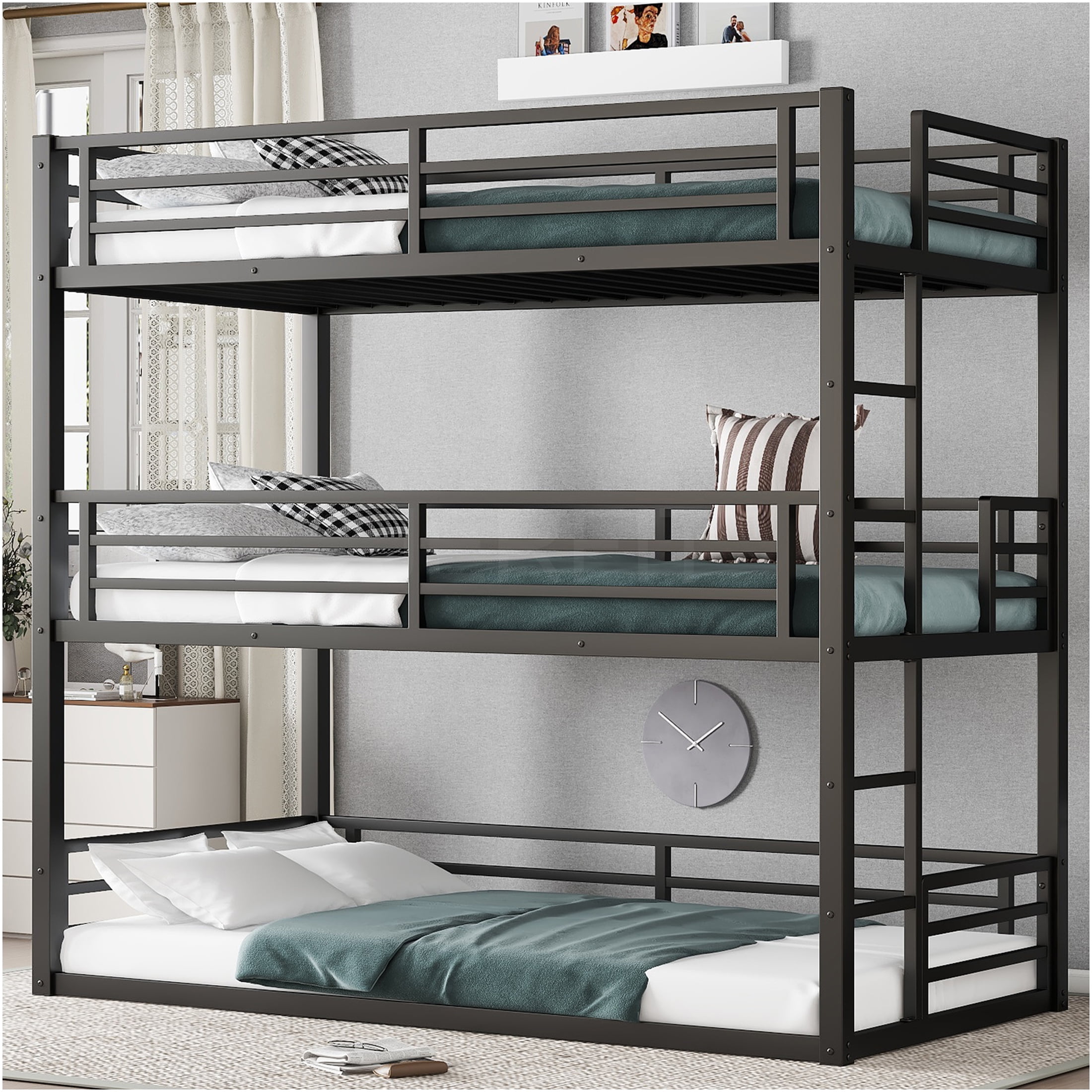 Stackable Double Bed JERFIT 3-Tier Metal Bunk Bed, Triple Twin Size Stackable Bed Frame with ...