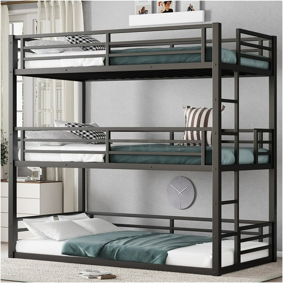JERFIT 3-Tier Metal Bunk Bed, Triple Twin Size Stackable Bed Frame with Guardrails, Noise Reduced Heavy Duty Design, Space Saving for Dorm, Black
