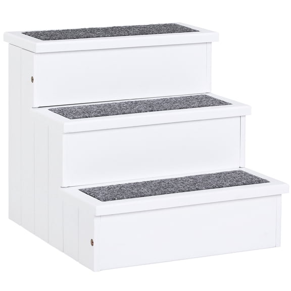 JERFIT 3 Tier Pet Stairs for Small Dogs and Cats, White Wooden Steps with Non-Slip Carpet, Compact Ramp for Furniture Access, Supports Up to 65 lbs