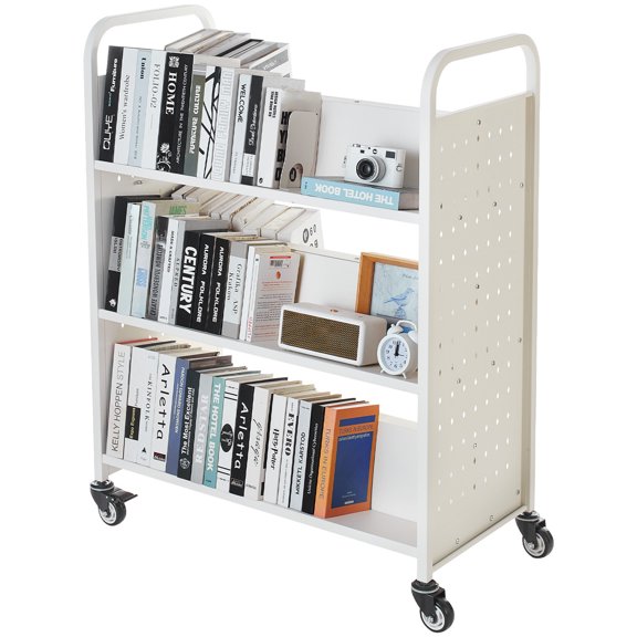JERFIT 3 Tier Rolling Utility Cart with Locking Wheels, Mobile Organizer Book Truck with Double Sided W-Shelves, White