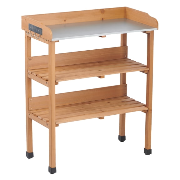 JERFIT 3-Tier Solid Wood Potting Bench with Metal Top, 35.5" H Outdoor Garden Workstation with Storage Shelves & Hooks