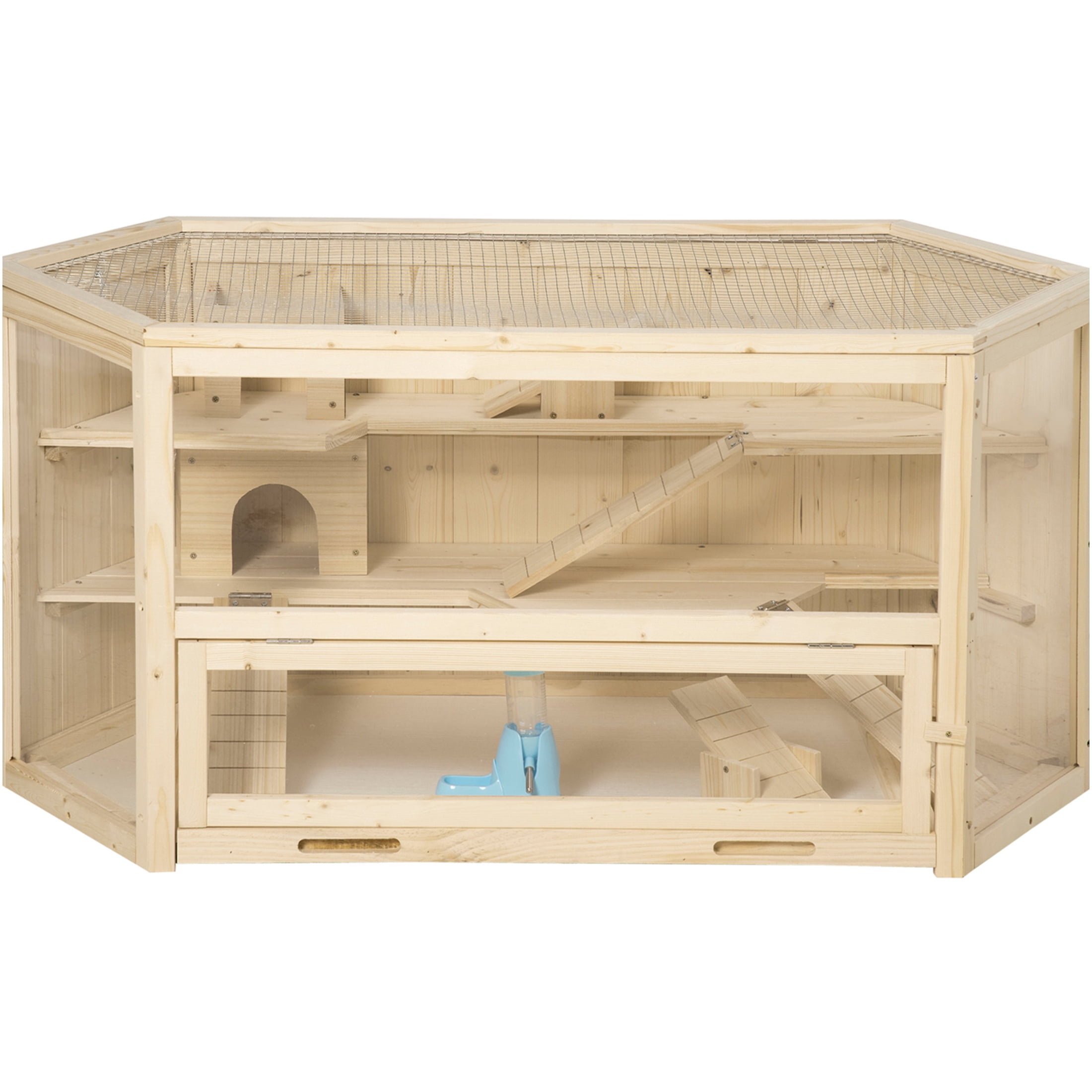 JERFIT 3-Tier Wooden Hamster Cage with Accessories, Large Natural Wood Small Animal Habitat Playpen with Detachable Tray, Ladders, Seesaws, Water Bottle for Hamsters, Gerbils, Mice