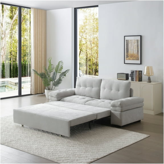 JERFIT 3-in-1 Convertible Sleeper Sofa Bed with Chaise, Modern Linen Fabric Pull Out Couch for Small Spaces, Grey