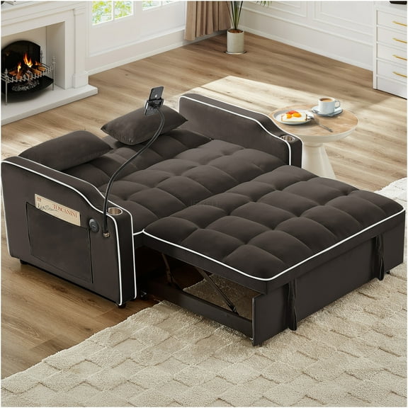 JERFIT 3-in-1 Convertible Sofa Bed, Recliner Loveseat with USB & Type-C Charging, Swivel Phone Holder, Velvet Fabric for Small Spaces