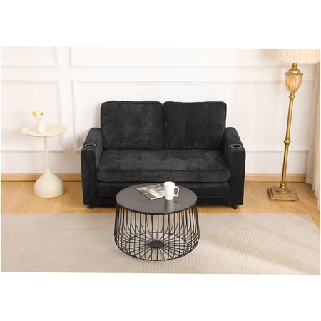JERFIT 3-in-1 Convertible Sofa Bed for Small Spaces, Velvet Futon Couch Sleeper with Storage Pockets, Black