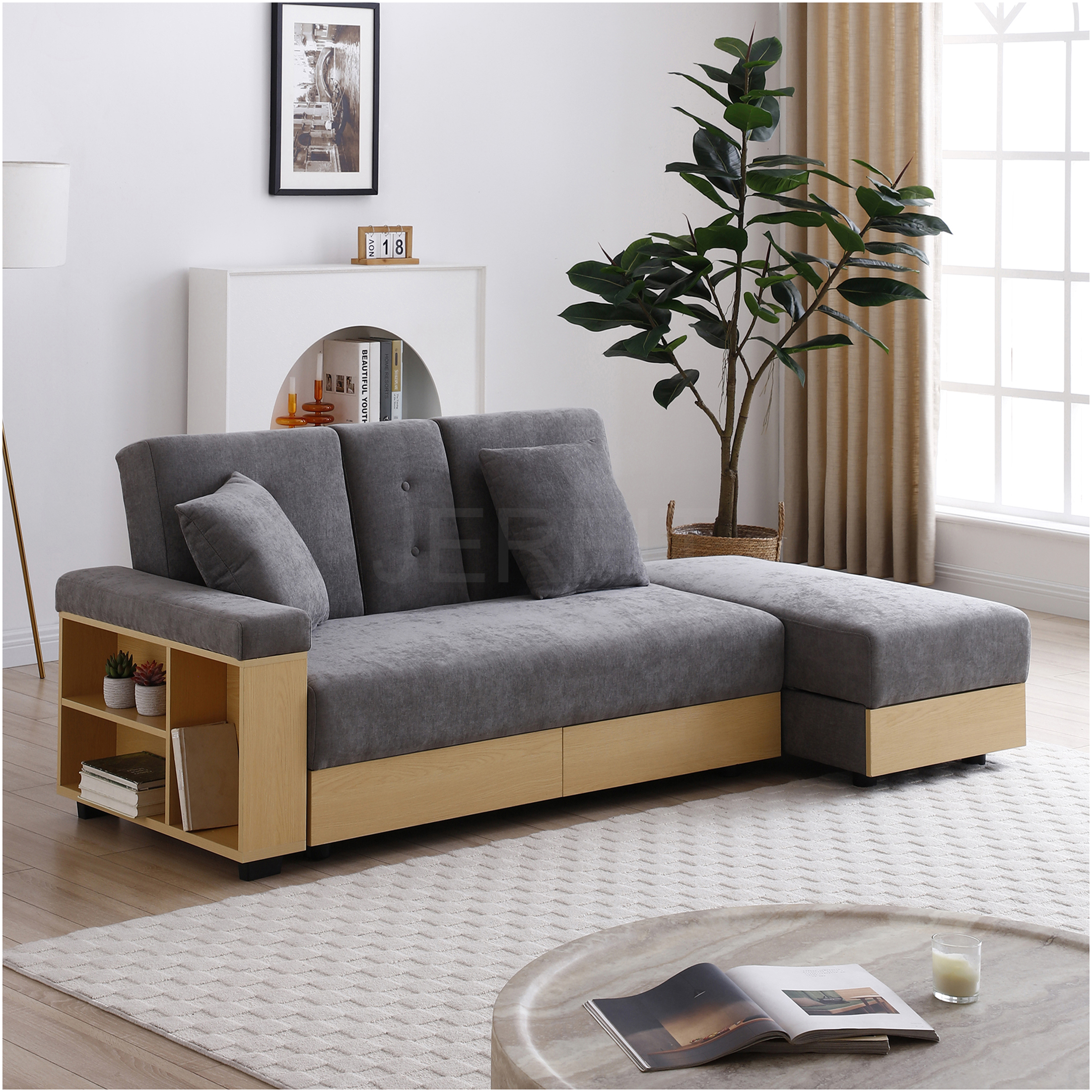 JERFIT 3-in-1 Convertible Sofa Bed with Storage Ottoman, Pull-Out Table ...