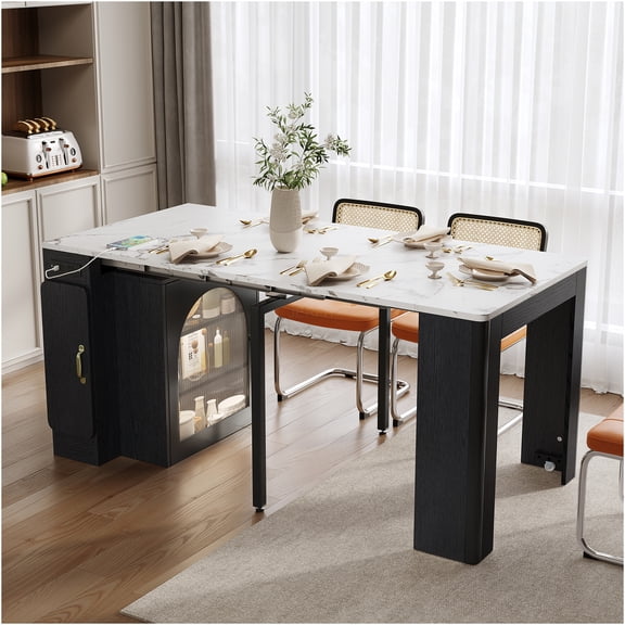 JERFIT 3-in-1 Expandable Dining Table with Power Outlet and LED Lights, Mobile Kitchen Island with Storage Cabinet, Modern Extendable Table for Small Space, Black and White Marble