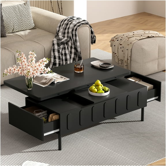 JERFIT 3-in-1 Lift Top Coffee Table with Storage, Black Foldable Convertible Dining Table, Workstation Desk with 2 Drawers for Small Space Living Room
