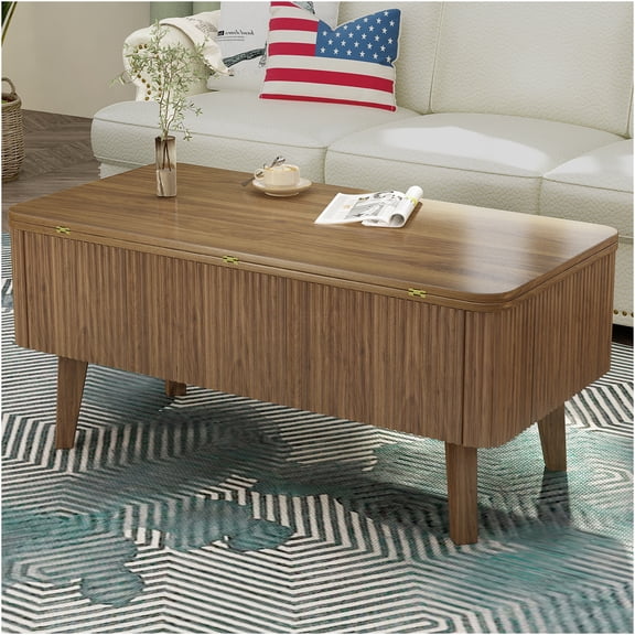 JERFIT 3-in-1 Lift Top Coffee Table with Storage, Hydraulic Convertible Dining Table & Desk, Modern Oval Fluted Design MDF Wood for Small Space, Living Room, Office, Walnut