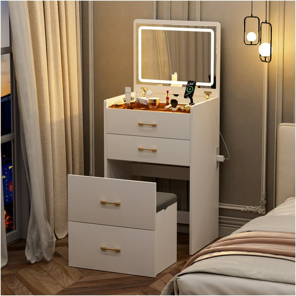 JERFIT 3-in-1 Makeup Vanity Desk with Flip Mirror, Glass Top, 3 Drawers & Charging Station, Compact Dressing Table with Stool for Bedroom, White