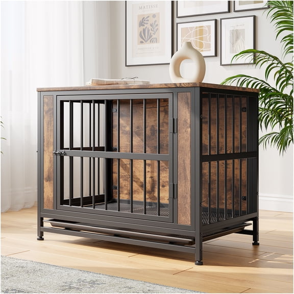 JERFIT 3-in-1 Wooden Dog Crate End Table with Double Doors, Removable Tray & Cushion, Furniture Style Kennel House for Small Medium Dogs, Rustic Brown