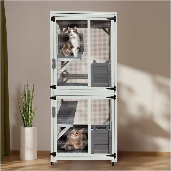 JERFIT 30.7" Gray Outdoor Wooden Catio Enclosure on Wheels with Weatherproof Roof, Cat Playpen House & Napping Condo