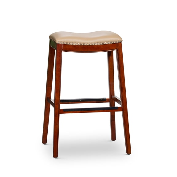 JERFIT 30 Inch Bar Stool with Bonded Leather Saddle Seat, Cherry Finish, Upholstered Counter Stool with Footrest for Kitchen Island, Dining & Bar